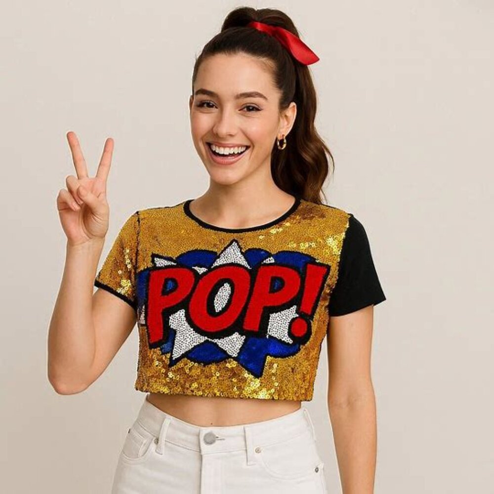 Cartoon Graphic "POP!" Sequined Crop Top size XS